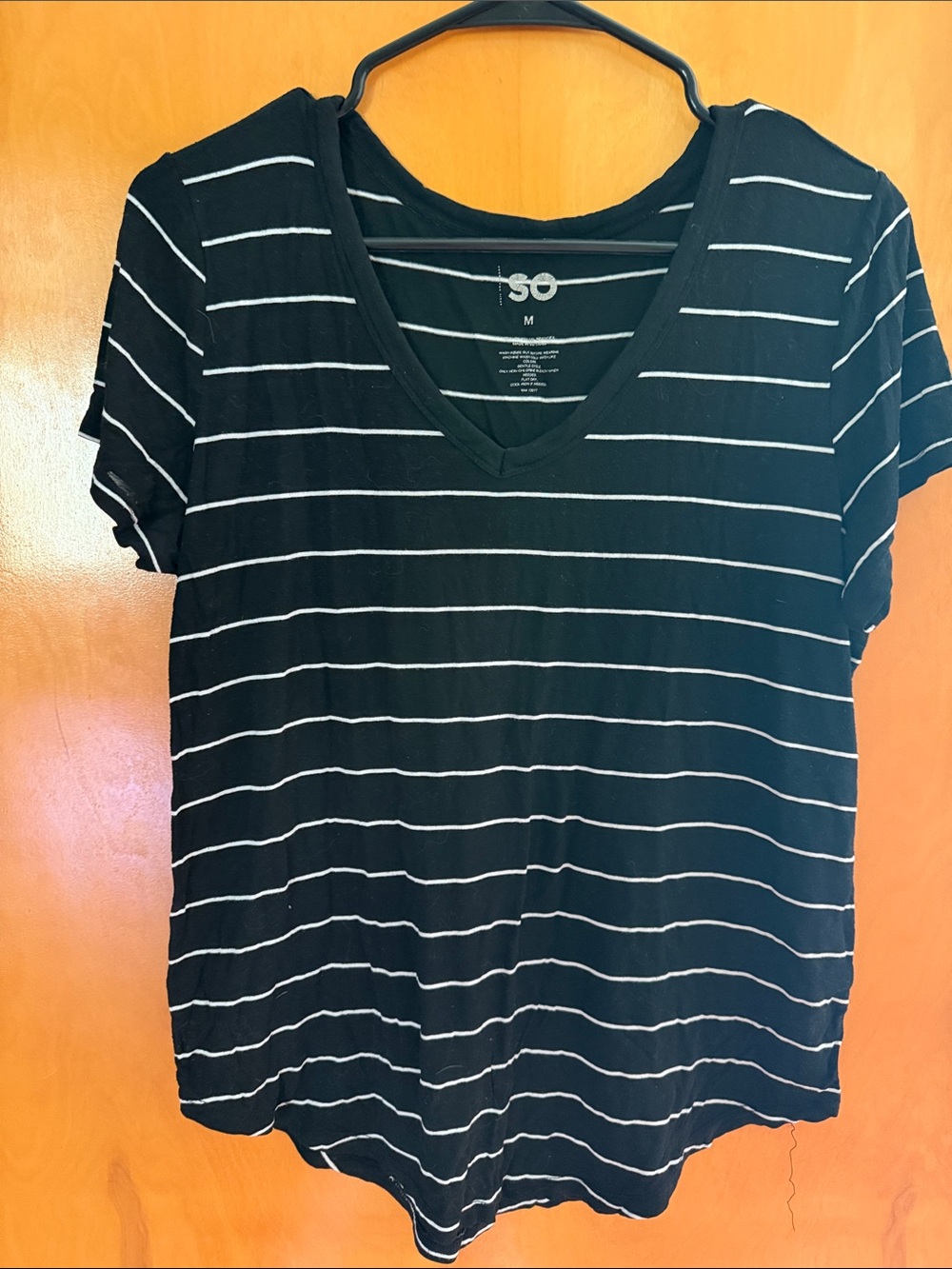 SO Black and White Striped V-Neck Short Sleeve Top